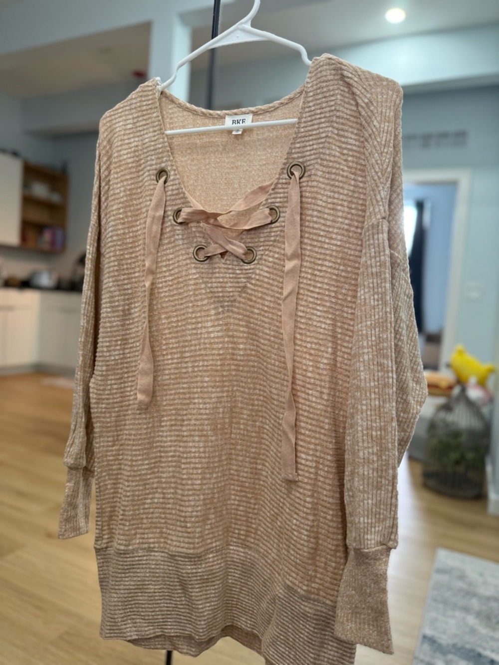 BKE Tan Lace-Up Knit Pullover Sweater
